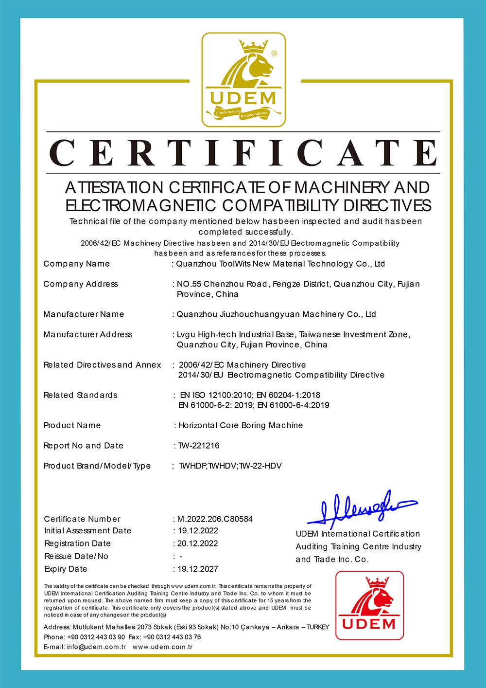 CE Certificate for Horizontal Core Boring Machine CE Certificate for Horizontal Core Boring Machine